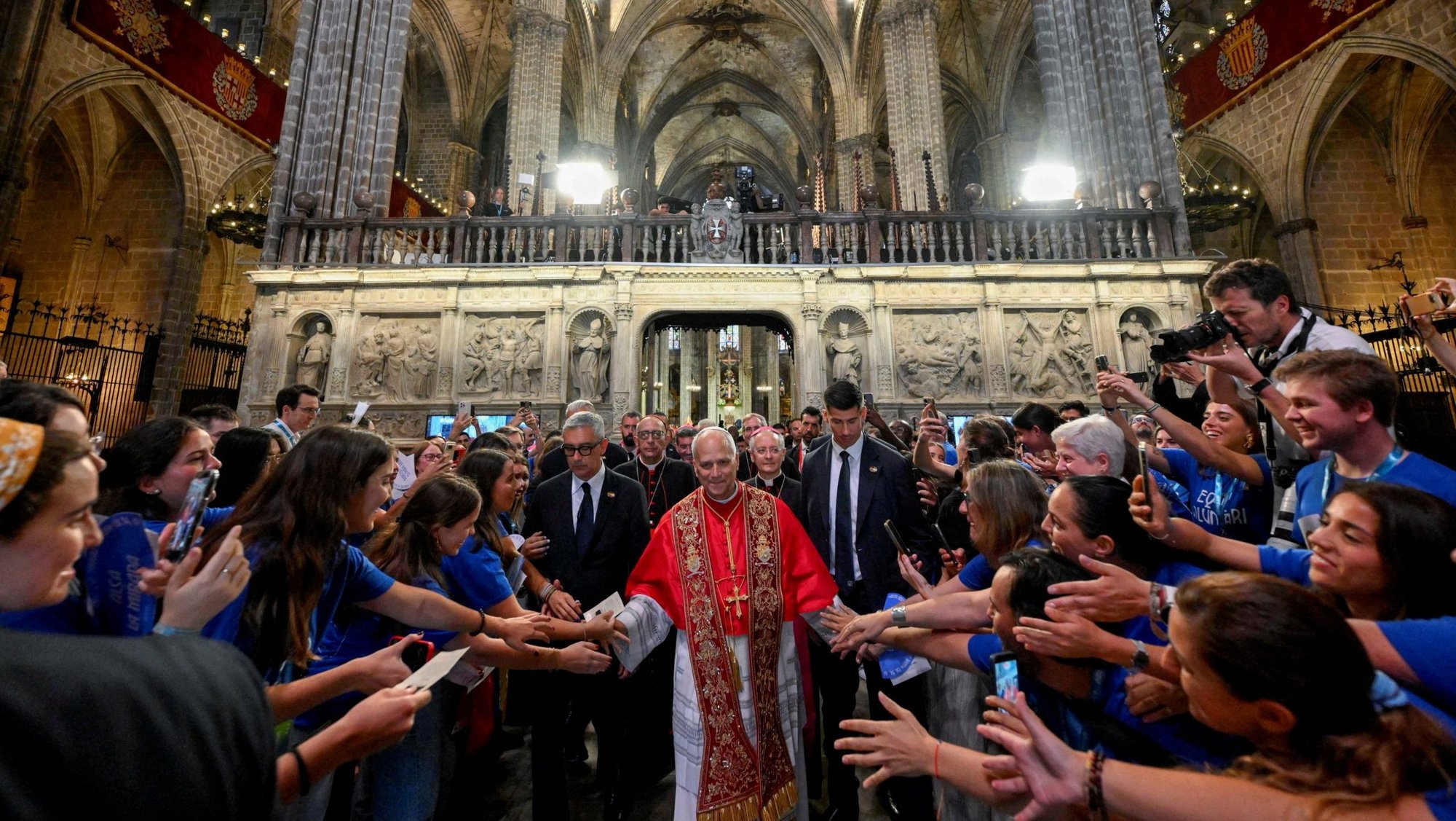 Pope Leo XIV greets faithful after he attended the midday prayers at the Cathedral of the Holy Cross and St. Eulalia, during his apostolic journey, in Barcelona, Spain, June 9, 2026. (OSV News photo/Simone Risoluti, Vatican Media)
