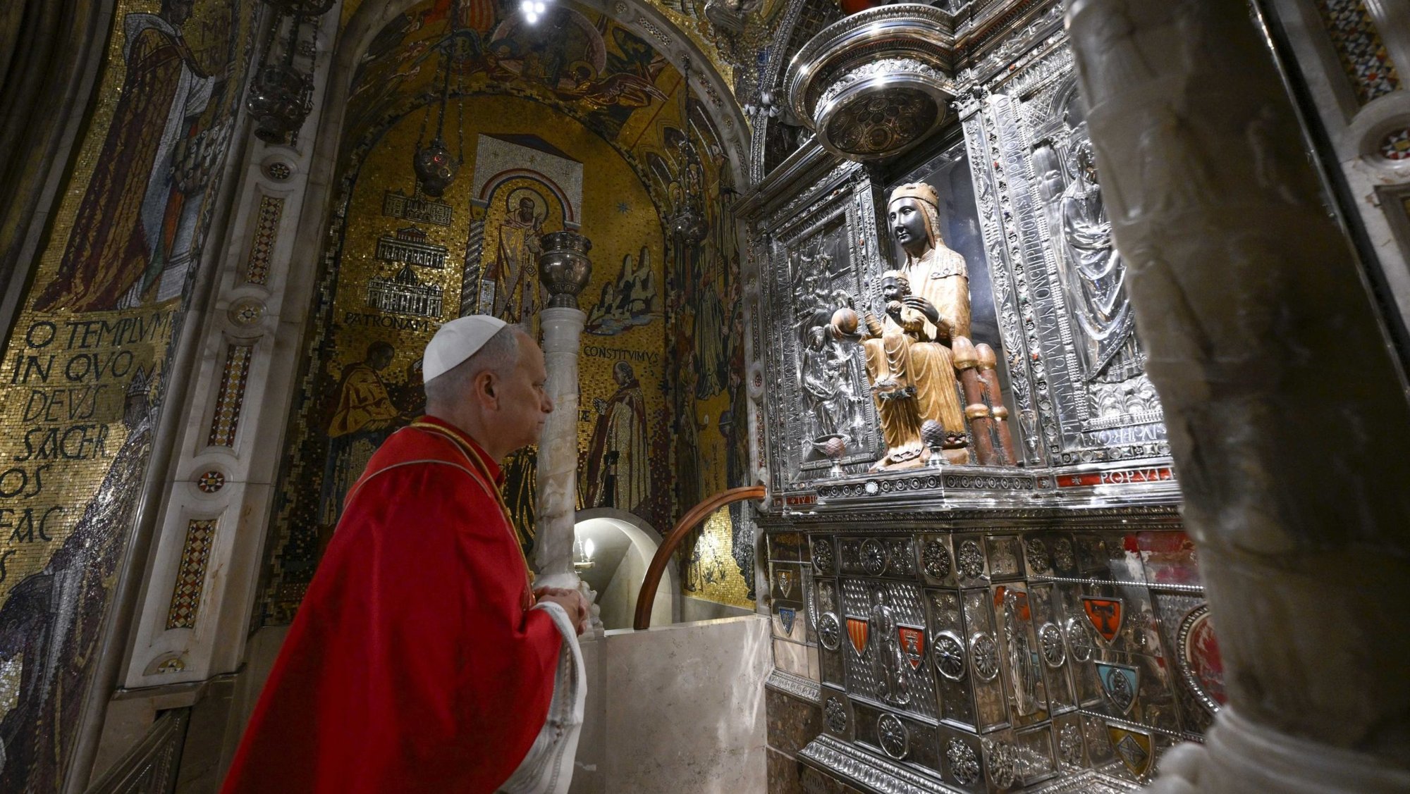 Pope Leo XIV prays before the Virgin of Montserrat image at the Our Lady of Montserrat Abbey, during his apostolic journey, in Montserrat, Spain, June 10, 2026. (OSV News photo/Simone Risoluti, Vatican Media)