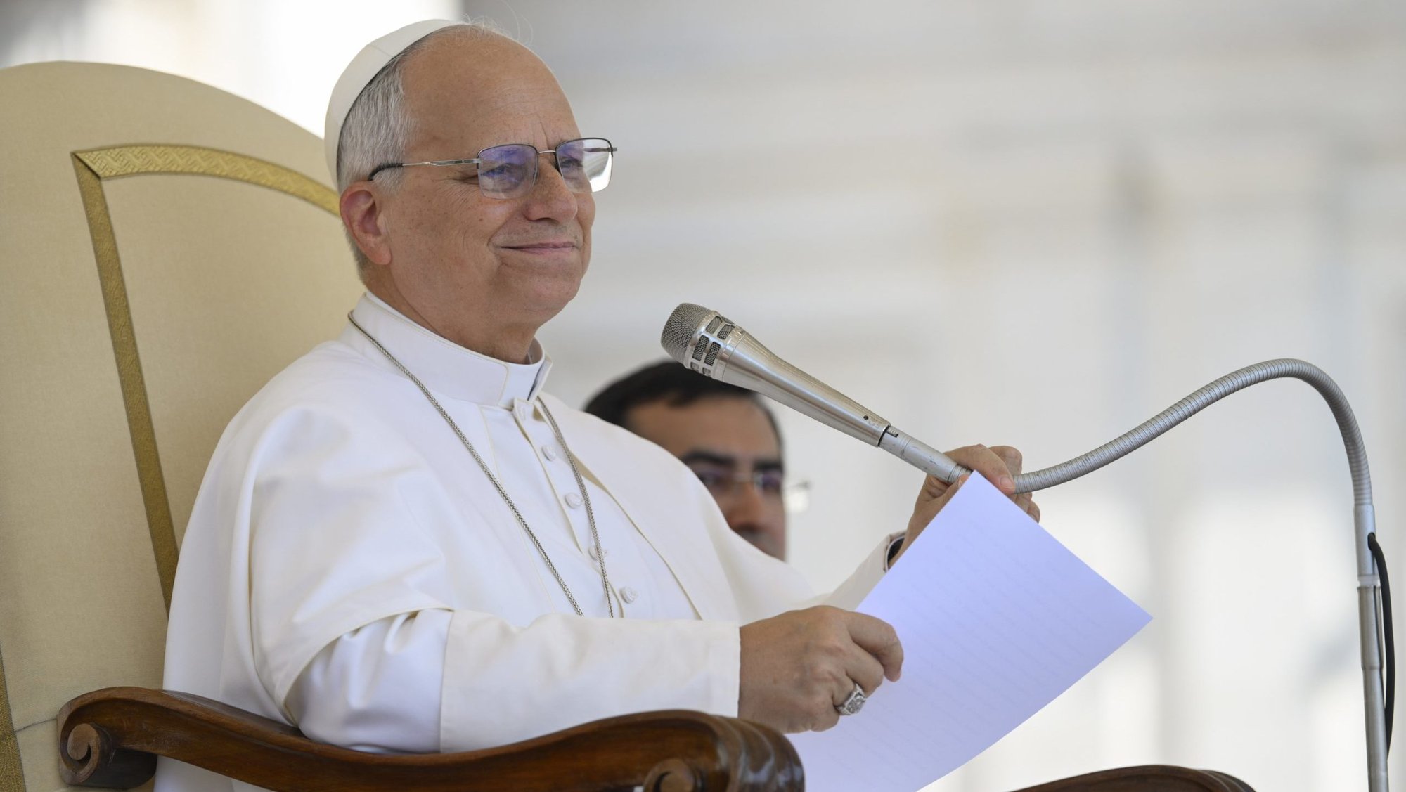 Pope Leo XIV talks to visitors and pilgrims during his weekly general audience in St. Peter's Square at the Vatican June 24, 2026.(CNS photo/Vatican Media)