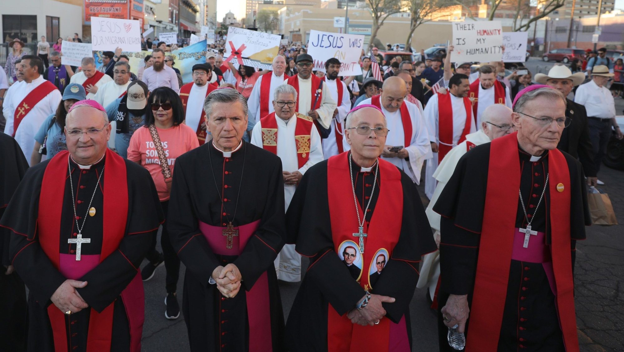 Archbishop John C. Wester of Santa Fe, N.M., right, takes part in a demonstration in El Paso, Texas, March 24, 2025, against mass deportation alongside Bishop Peter Baldacchino of Las Cruces, N.M.; Archbishop Gustavo García-Siller of San Antonio and Bishop Mark J. Seitz of El Paso. On June 23, 2026, Bishop Baldacchino announced that he and Bishop Seitz invited "all the priests and faithful" of their two dioceses and the region "to join in prayer and pilgrimage" June 28 at Mount Cristo Rey, located in Sunland Park, N.M. (OSV News photo/Bob Roller)