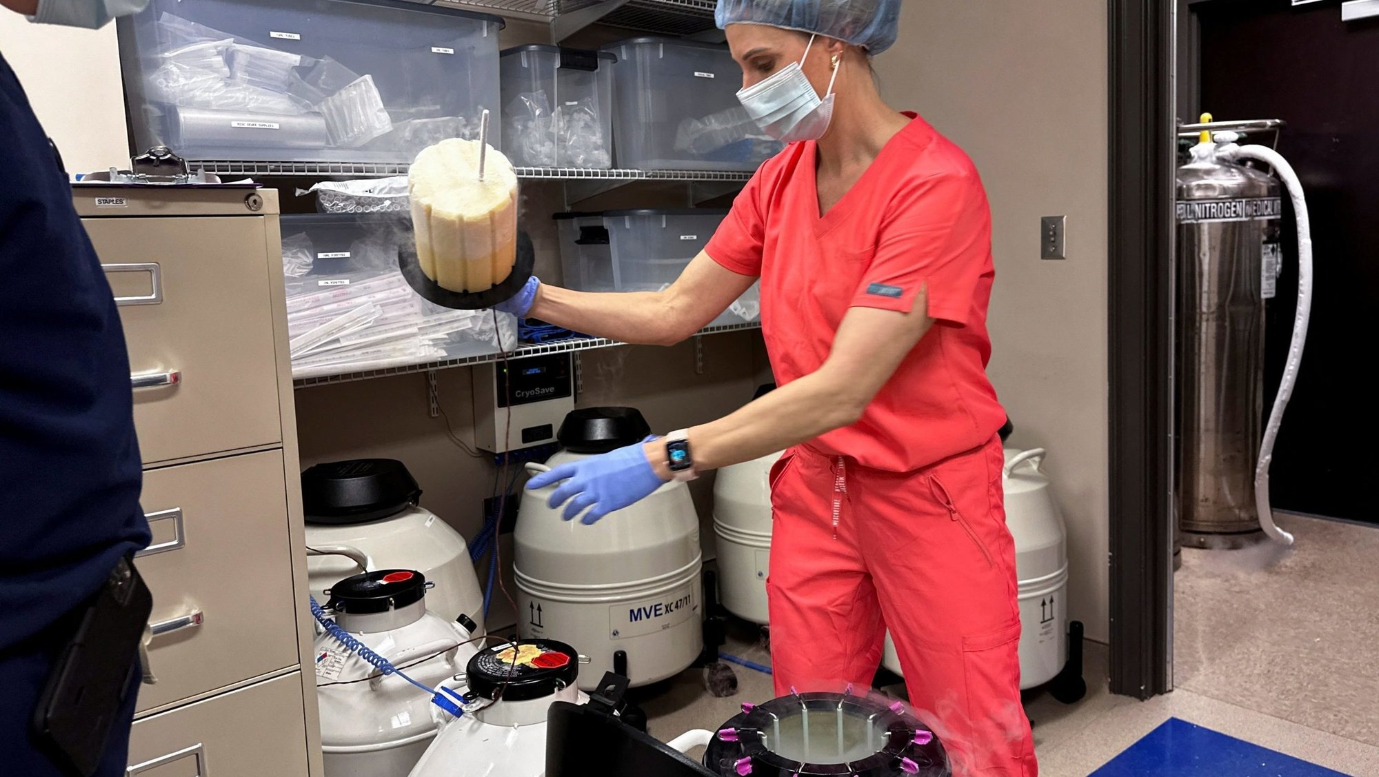 Dr. Andrew Harper, medical director for Huntsville Reproductive Medicine, P.C., looks on as Lynn Curry, nurse practitioner for Huntsville Reproductive Medicine, P.C., opens a cryopreservation dewar for in vitro fertilization, or IVF, in Madison, Ala., March 4, 2024. President Donald Trump made an announcement at the White House Oct. 16, 2025, on fertility treatment coverage. (OSV News photo/Roselle Chen, Reuters)