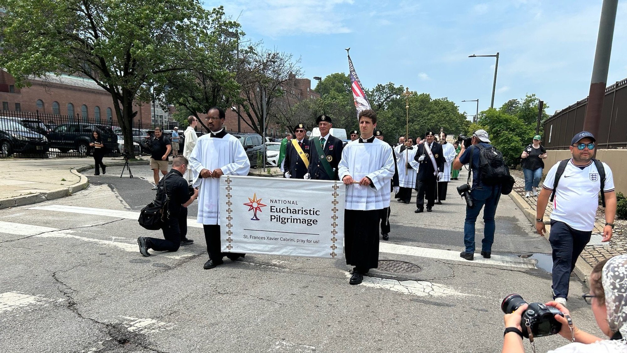 Pilgrims process during the final leg of the 2026 National Eucharistic Pilgrimage July 5, 2026, in Philadelphia. (OSV News photo/Gina Christian)