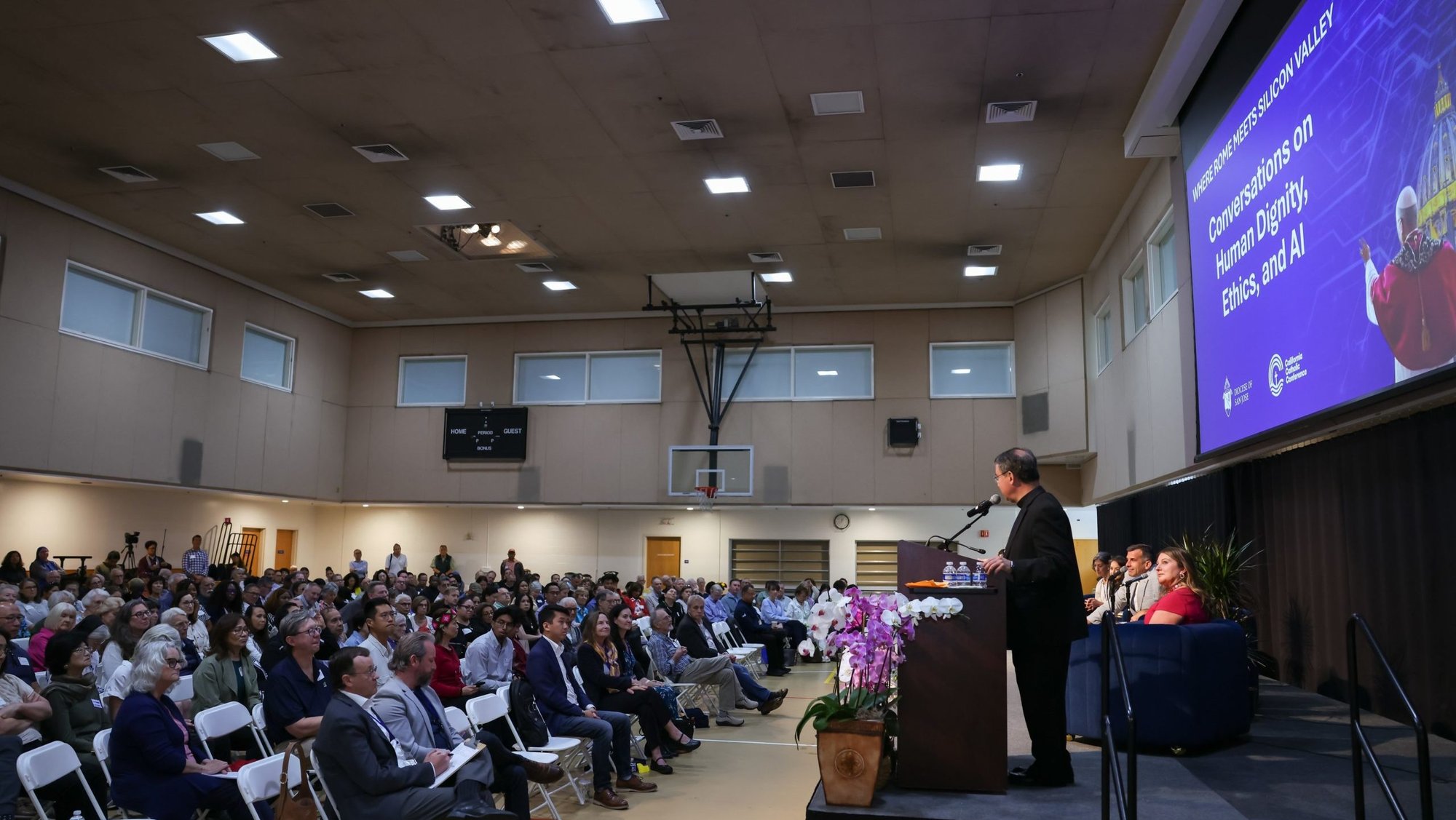 Bishop Oscar Cantú of San Jose, Calif., speaks during a June 6, 2026, gathering titled "Conversation on Human Dignity, Ethics, and AI," at Our Lady of Peace Church and Shrine in Santa Clara, Calif. (OSV News photo/Oliver Tapio, courtesy Diocese of San José)