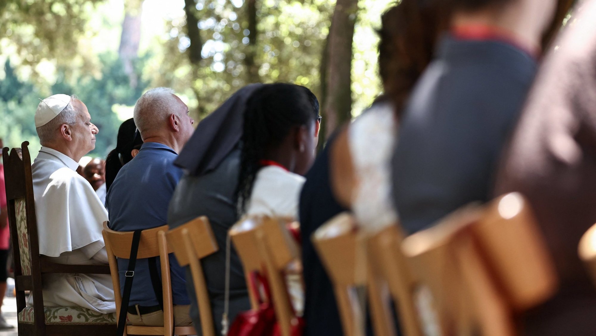 Pope Leo XIV has lunch with people from the Diocese of Rome at Borgo Laudato Si, in the pontifical gardens of Castel Gandolfo, Italy, July 11, 2026. (OSV News photo/Matteo Minnella, Reuters)