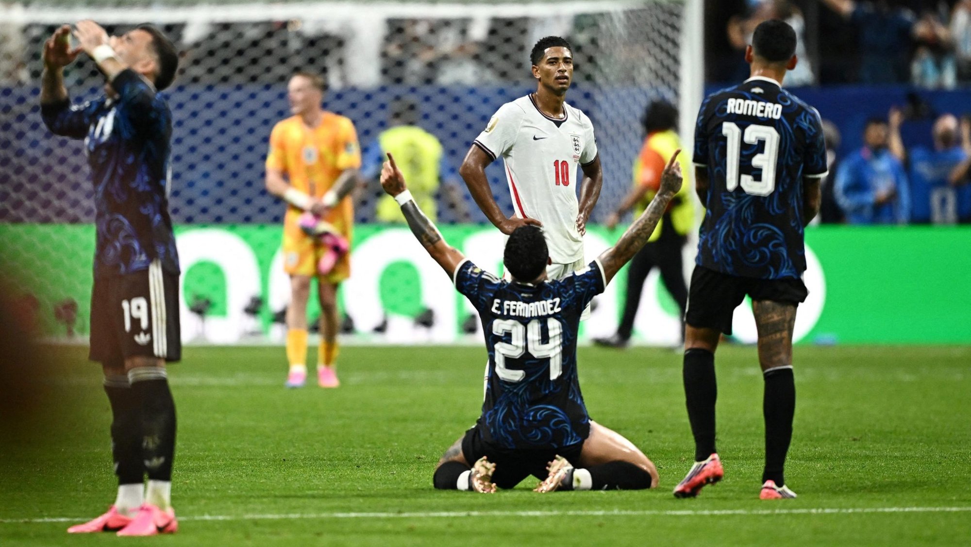 Argentina's Enzo Fernandez raises his arms in celebration after his team defeated England 2-1 during the FIFA World Cup 2026 semifinal at Atlanta Stadium July 15, 2026. Argentina defeated England 2-1 and will take on Spain in the final July 19 in New Jersey. (OSV News photo/Dylan Martinez, Reuters)