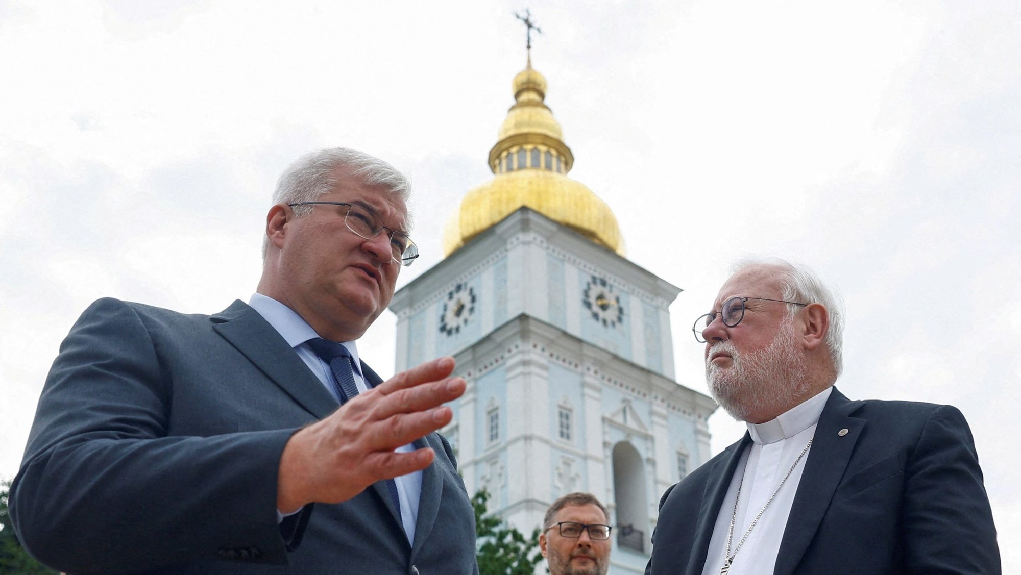 Ukrainian Foreign Minister Andrii Sybiha and Archbishop Paul R. Gallagher, the Vatican foreign minister, speak in front of St. Michael's Cathedral in Kyiv, Ukraine, July 20, 2026, amid Russia's attack on Ukraine. (OSV News photo/Valentyn Ogirenko, Reuters)