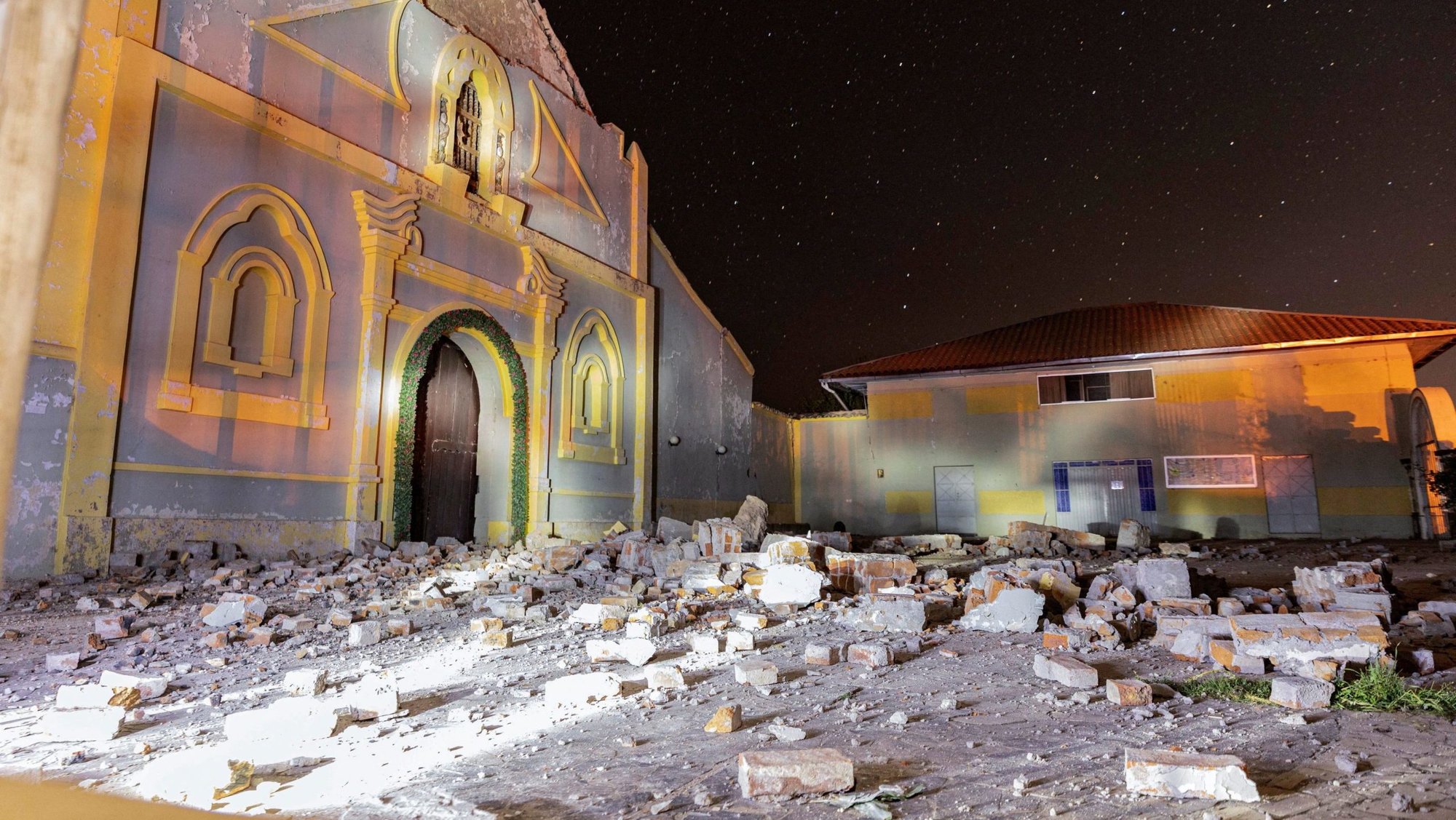 Debris is seen outside a damaged church in Chupuro, Peru, July 19, 2026, following the magnitude 5.1 earthquake that struck Central Peru. The earthquake shook the Andes region of Peru July 18, killing at least five people, injuring more than 30 and displacing hundreds, authorities said.(OSV News photo/Yershon Vilca, Reuters)