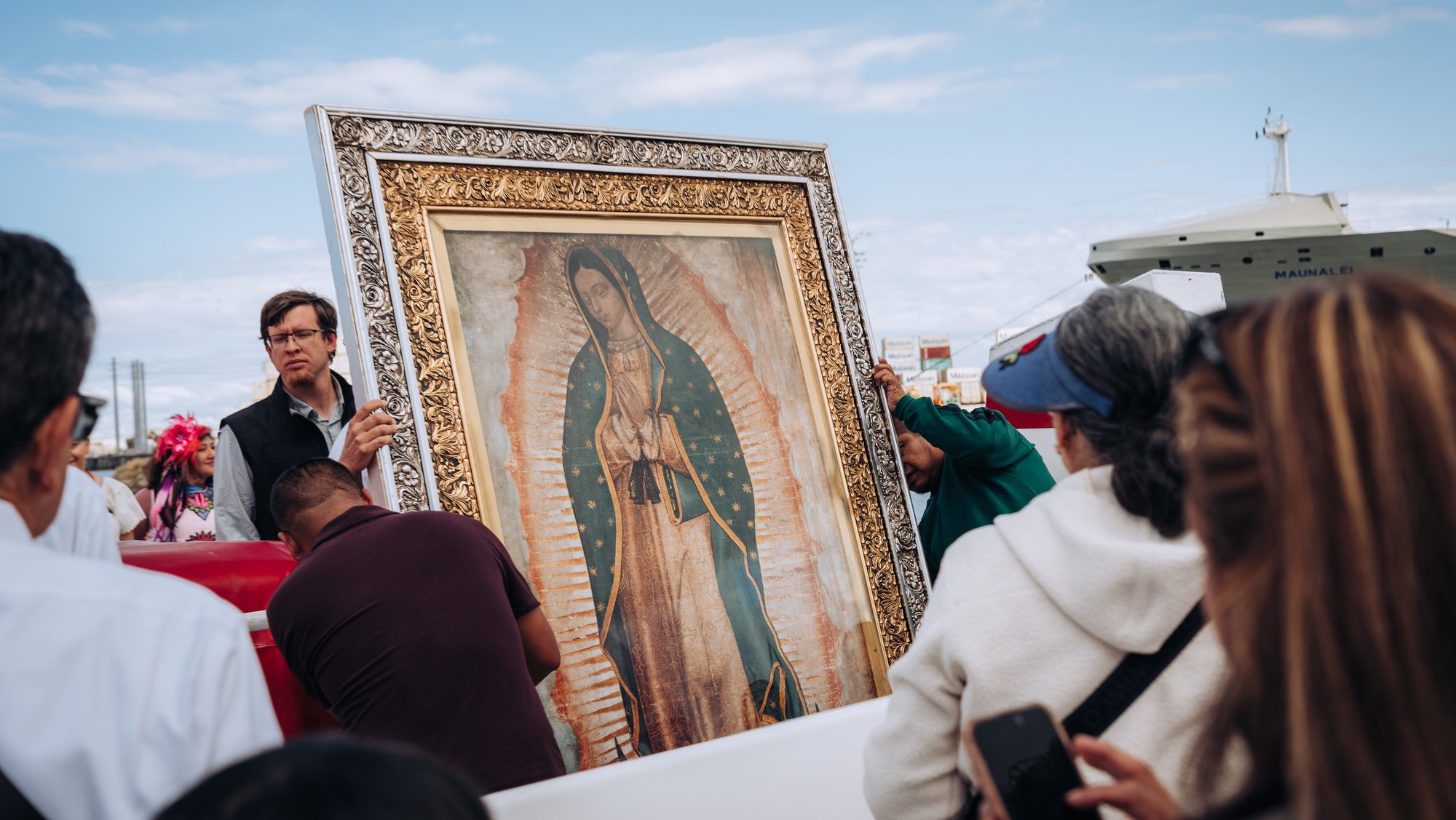The pilgrim image of Our Lady of Guadalupe arrives on Catalina Island on May 5, 2026, after traveling by boat from the Port of Los Angeles. (Isabel Cacho)