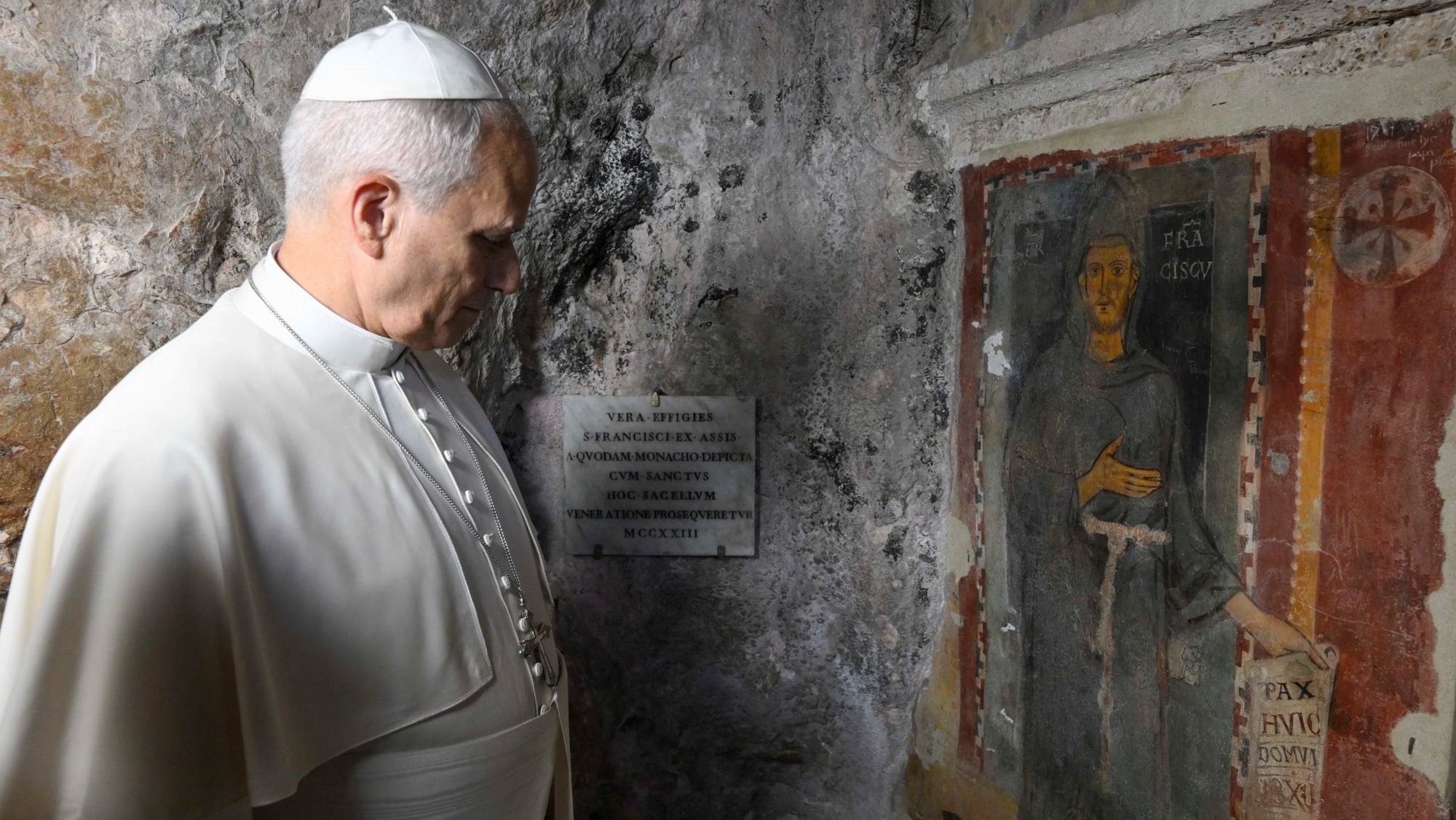 Pope Leo XIV stands before the oldest-known fresco of St. Francis of Assisi at St. Benedict Abbey in Subiaco, Italy, on July 22, 2026. (Vatican Media via EWTN)