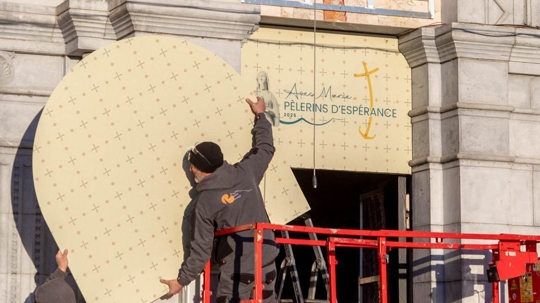 The mosaics on the doors of the facade of the Basilica of Our Lady of the Rosary, at the Sanctuary of Our Lady of Lourdes in southwestern France, are being covered in an undated photograph provided by the sanctuary. (OSV News photo/courtesy Lourdes Sanctuary)