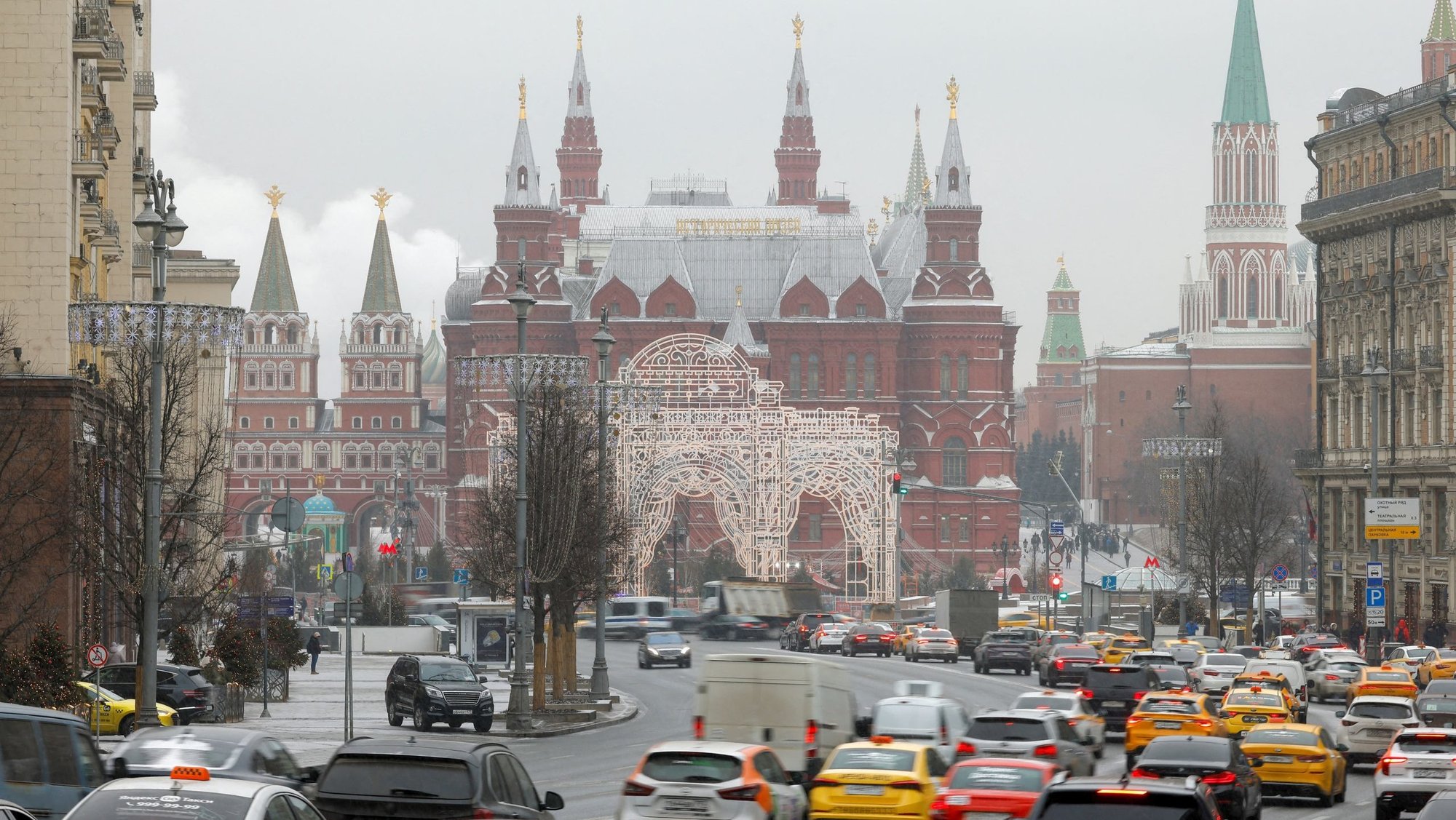 Cars drive along Tverskaya Street near the towers of the State Historical Museum and the Kremlin in central Moscow Feb. 13, 2025. Archbishop Paul R. Gallagher, the Vatican foreign minister, arrived in Moscow Aug. 24, 2026, for a four-day visit to Russia, the Vatican's Secretariat of State announced. (OSV News photo/Maxim Shemetov, Reuters)