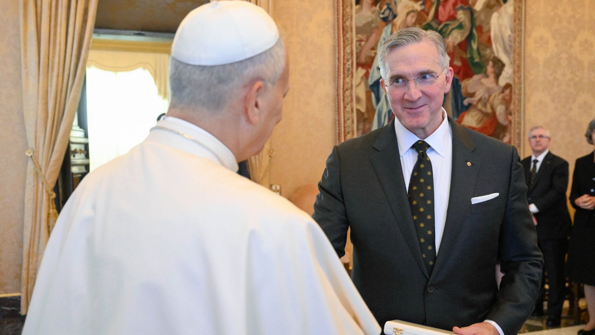 Pope Leo XIV meets with Supreme Knight Patrick E. Kelly of the Knights of Columbus Oct. 6, 2025, during an audience with a Knights delegation at the Vatican. On Aug. 25, 2026, Pope Leo appointed Kelly as a member of the Dicastery for the Laity, Family and Life. (CNS photo/Vatican Media)