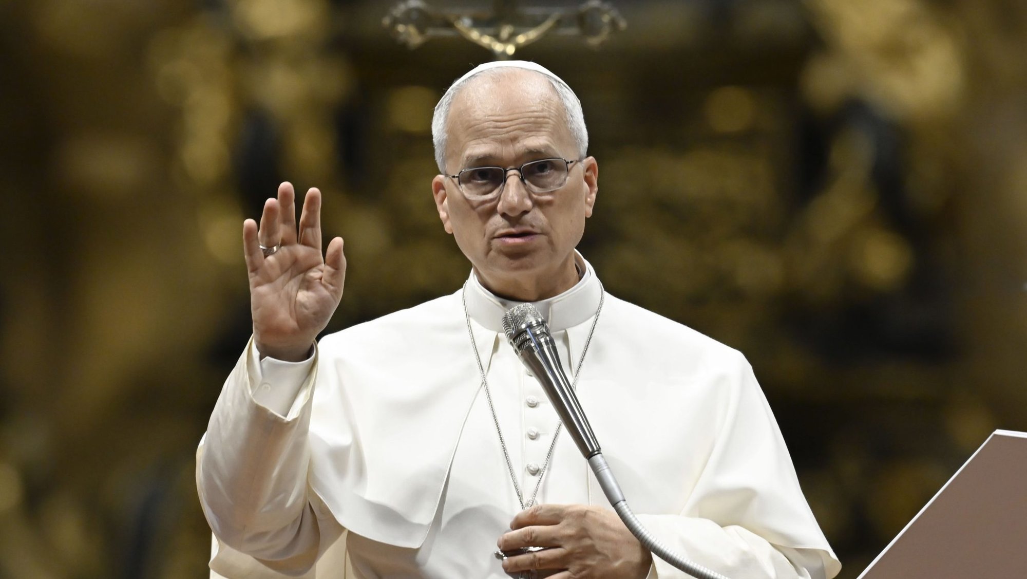 Pope Leo XIV offers his blessing to visitors and pilgrims during his weekly general audience in St. Peter's Basilica at the Vatican Aug. 26, 2026. (CNS photo/Vatican Media)