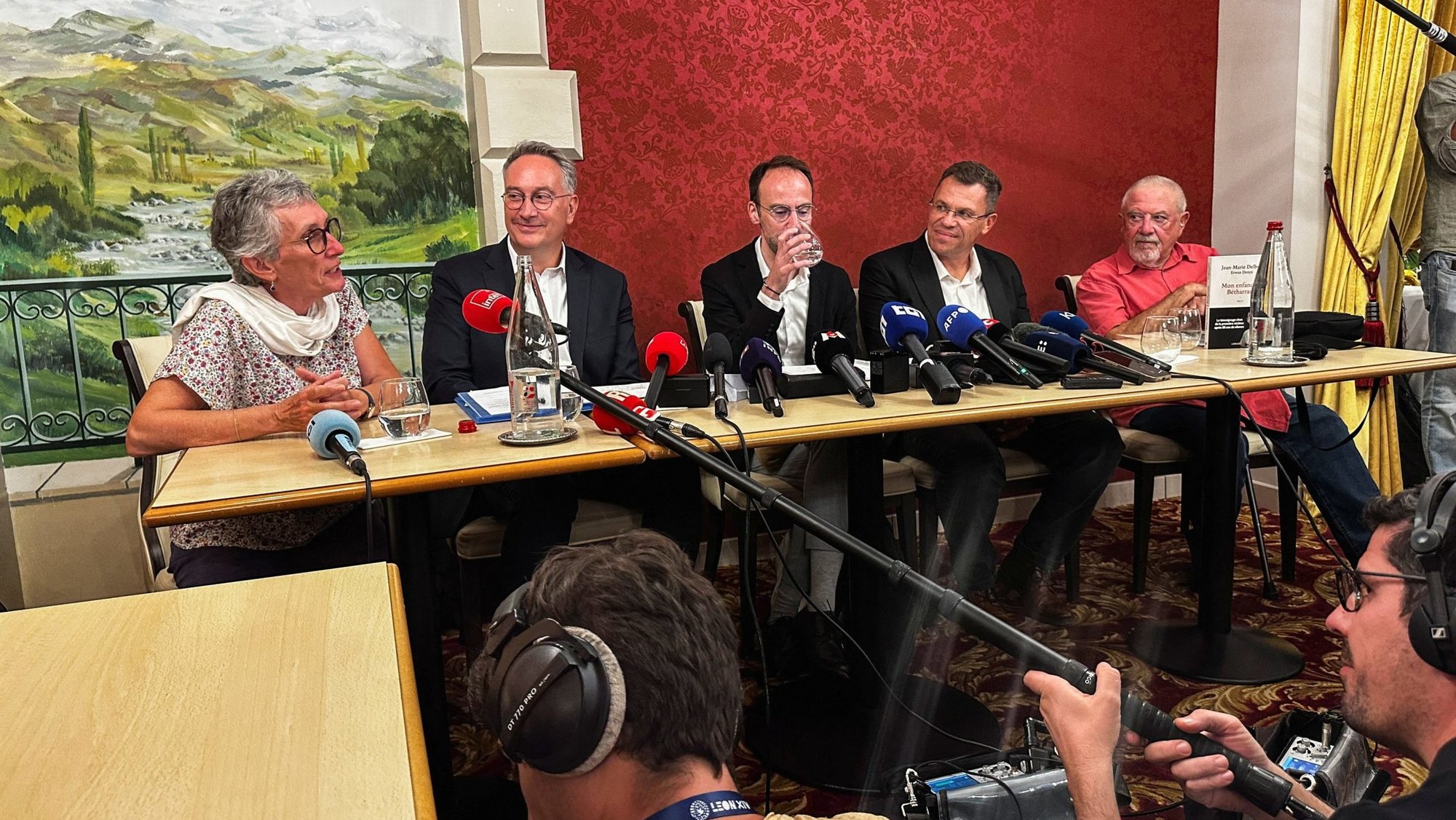 After a nearly two-hour meeting with Pope Leo XIV Sept. 27, 2026, survivors of abuse by members of French clergy, Veronique Garnier, Olivier Mardi, Jerome Guillement, Bertrand Virieux, and Jean-Marie Delbos, speak to journalists in Lourdes. (OSV News photo/Clotaire Achi, Reuters)