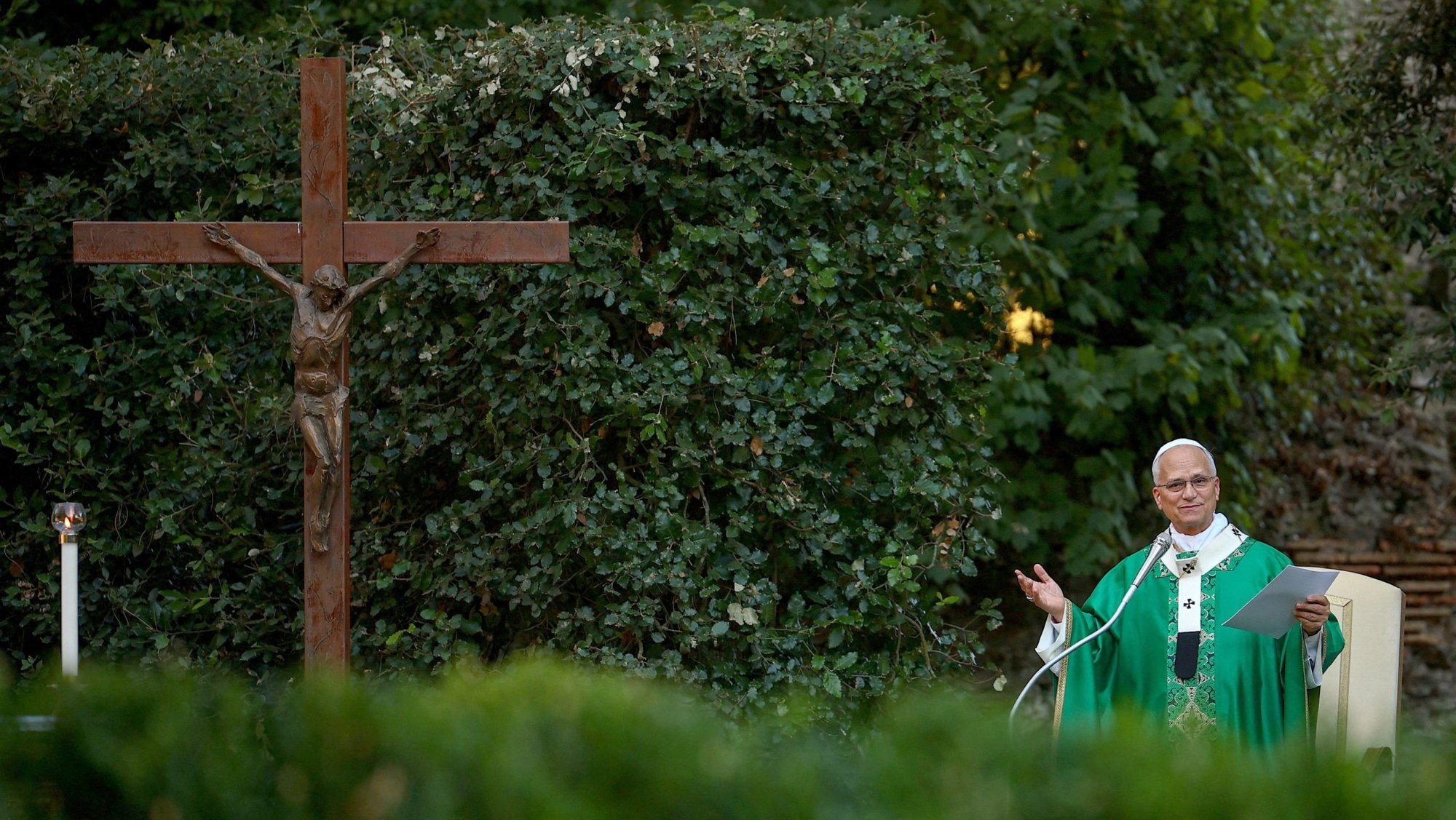Pope Leo XIV gestures as he celebrates Mass at the Borgo Laudato Si' center in Castel Gandolfo, Italy, Sept. 1, 2026, marking the World Day of Prayer for the Care of Creation. (OSV News photo/Guglielmo Mangiapane, Reuters)