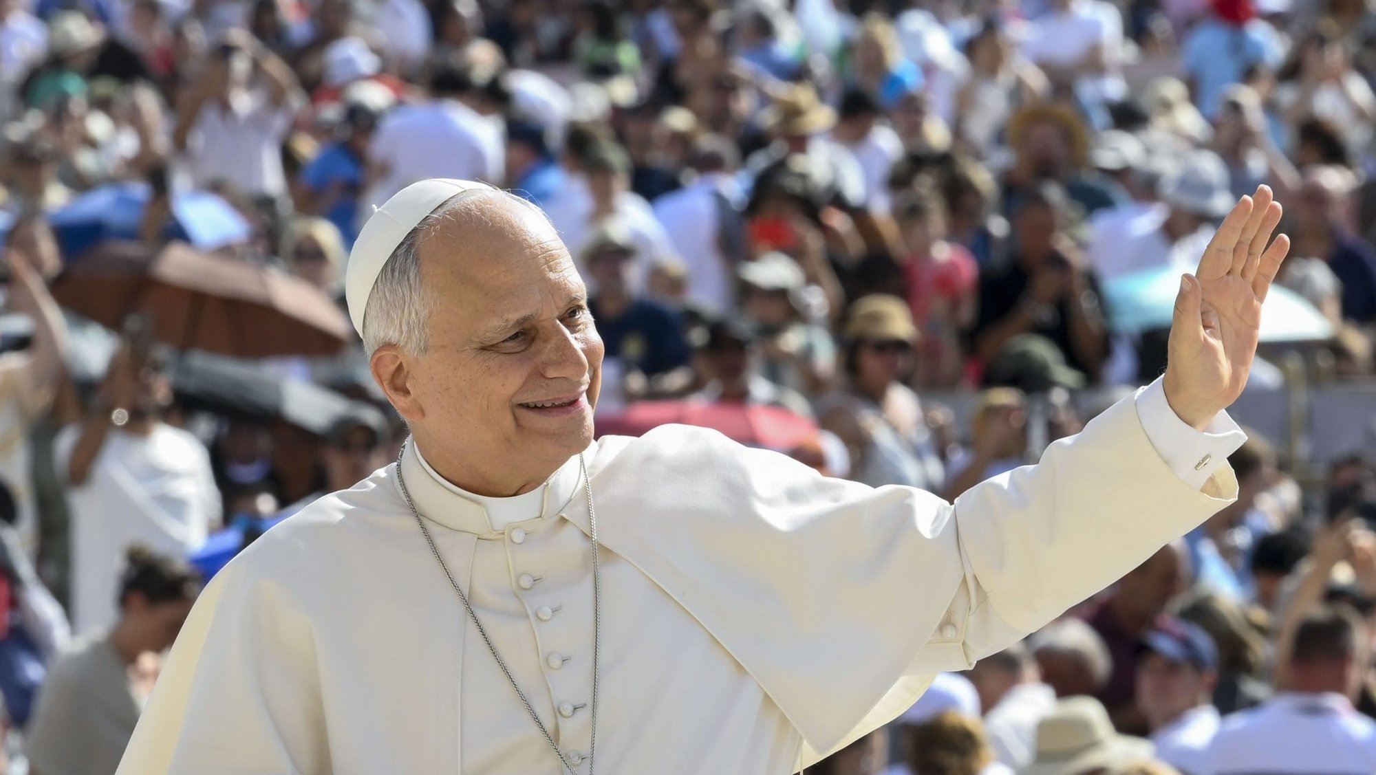 Pope Leo XIV greets visitors and pilgrims from the popemobile while riding around St. Peter’s Square at the Vatican before his weekly general audience Sept. 9, 2026. (CNS photo/Vatican Media)