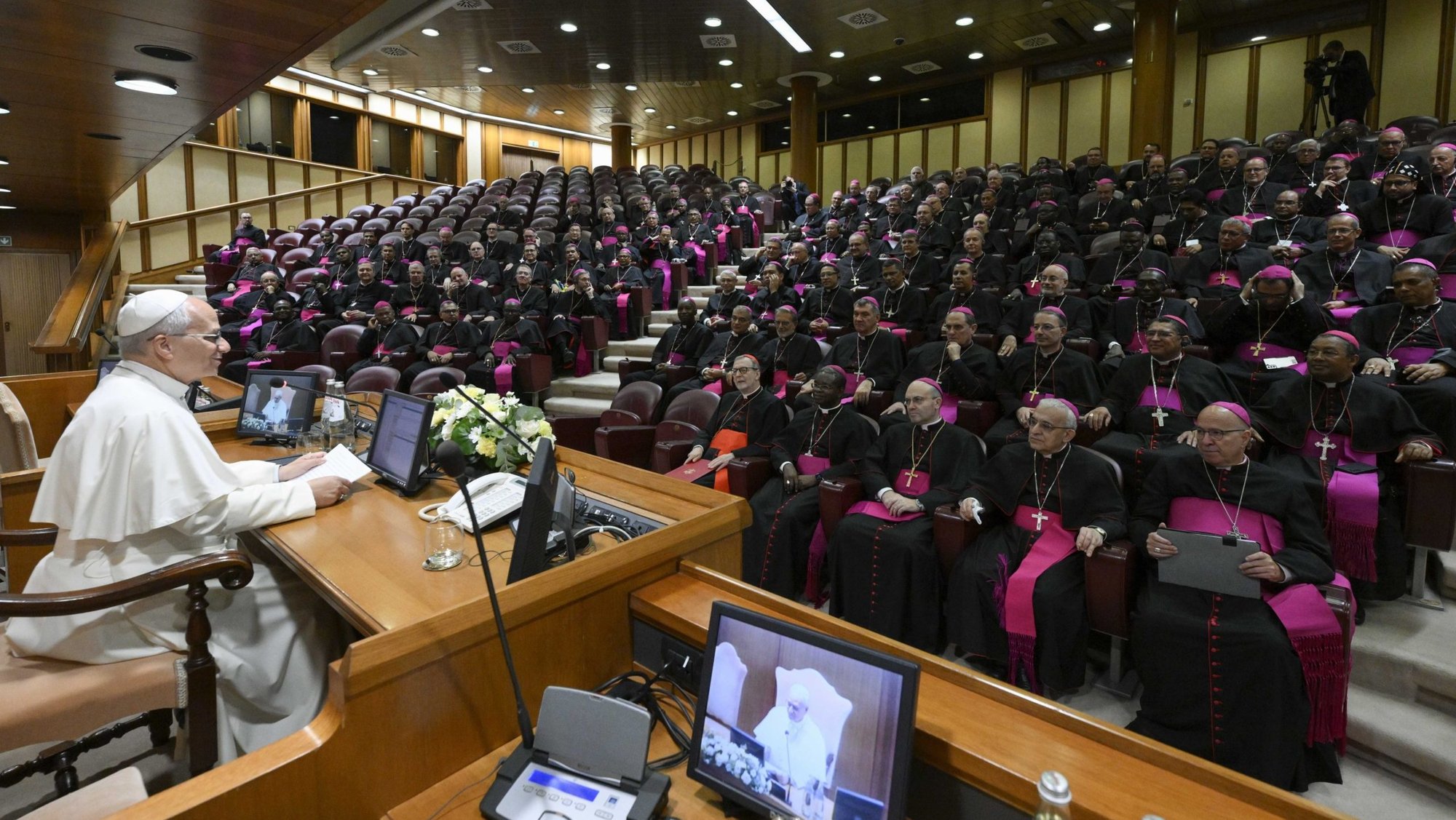 Pope Leo XIV speaks during a Sept. 10, 2026, meeting in the Vatican Synod Hall with bishops ordained over the past year. The bishops were attending a course sponsored by the Dicastery for Bishops and the Dicastery for the Eastern Churches. (CNS photo/Vatican Media)