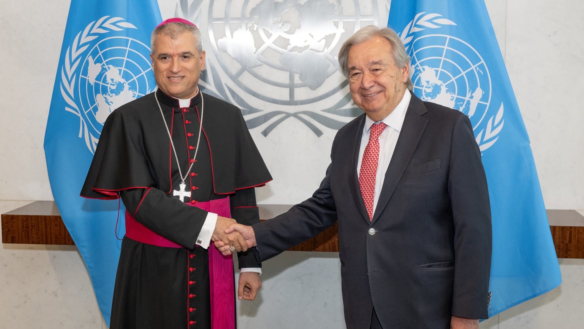Archbishop Christophe-Zakhia el-Kassis, the Holy See's new permanent observer to the United Nations in New York, poses in an undated photo with U.N. Secretary-General António Guterres. At a conference sponsored by the U.N.'s Alliance of Civilizations Sept. 17, the archbishop said in an address, "Hate speech of any kind "contradicts the commandment to love one's neighbor, poisons public discourse, inflames division, and too often prepares the ground for violence and persecution. (OSV News photo/Eskinder Debebe, courtesy United Nations) A