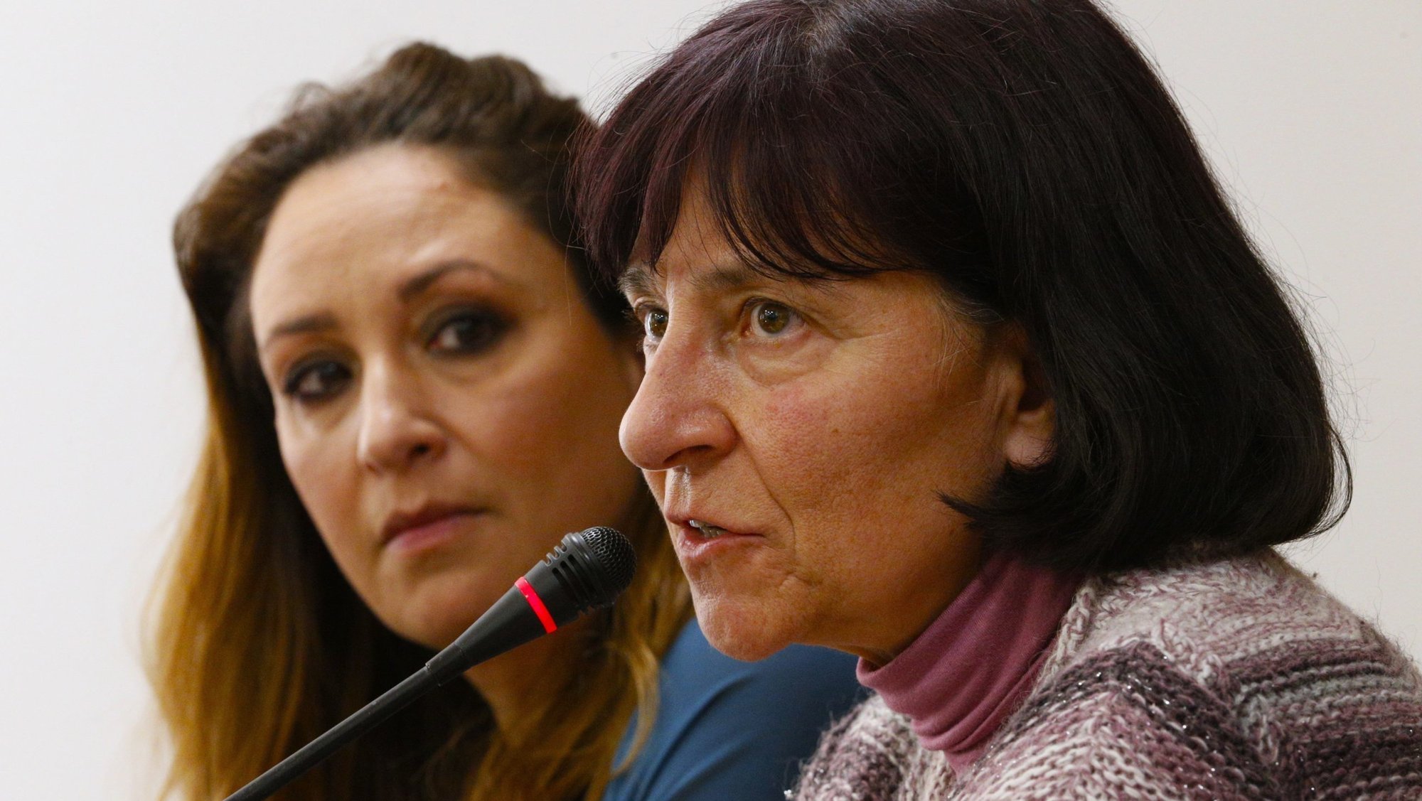 Gloria Branciani, the first of the alleged abuse victims of priest-artist Father Marko Rupnik to come forward, is seen during a news conference at the Italian National Press Federation in Rome Feb. 21, 2024. Laura Sgrò, her lawyer, is seen to the left. (CNS photo/Justin McLellan)