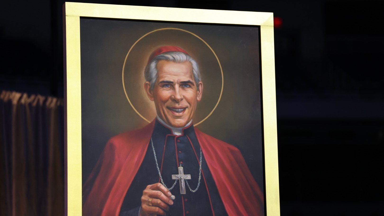 The official portrait of Blessed Fulton J. Sheen is revealed at his beatification Mass Sept. 24, 2026, at The Dome at America's Center in St. Louis. (OSV News photo/Margaret Murray)
