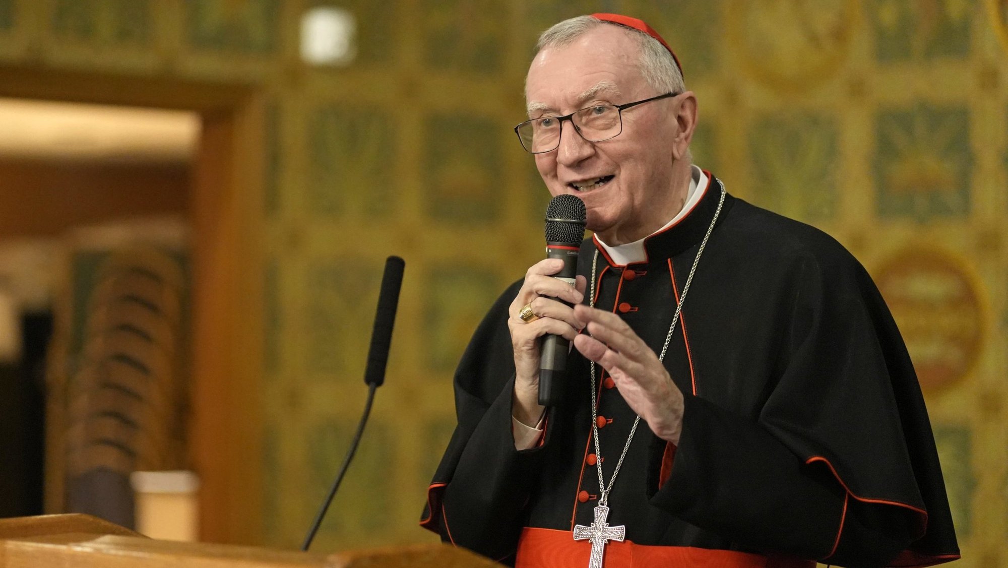 Cardinal Pietro Parolin, Vatican secretary of state, speaks at a reception after celebrating Mass at the Church of Our Saviour in New York City Sept. 21, 2026, the feast of St. Matthew and the International Day of Peace. Cardinal Parolin spoke to world leaders and top diplomats at high-level meetings in the United Nations General Assembly Sept. 24 and is scheduled to address the U.N. General Assembly Sept. 26. (OSV News photo/Gregory A. Shemitz)