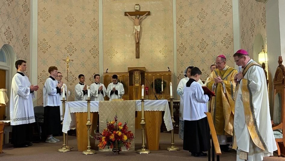 Bishop John O. Barres of Rockville Centre, chairman of the board of directors of The Pontifical Mission Societies, U.S.A., celebrates Mass at St. Mary's Church in El Paso, Ill. Sept. 26, 2026. Blessed Fulton J. Sheen was baptized at St. Mary's on May 12, 1895, and Bishop Barres was baptized by Blessed Sheen decades later in New York. (OSV News photo/Gretchen R. Crowe)