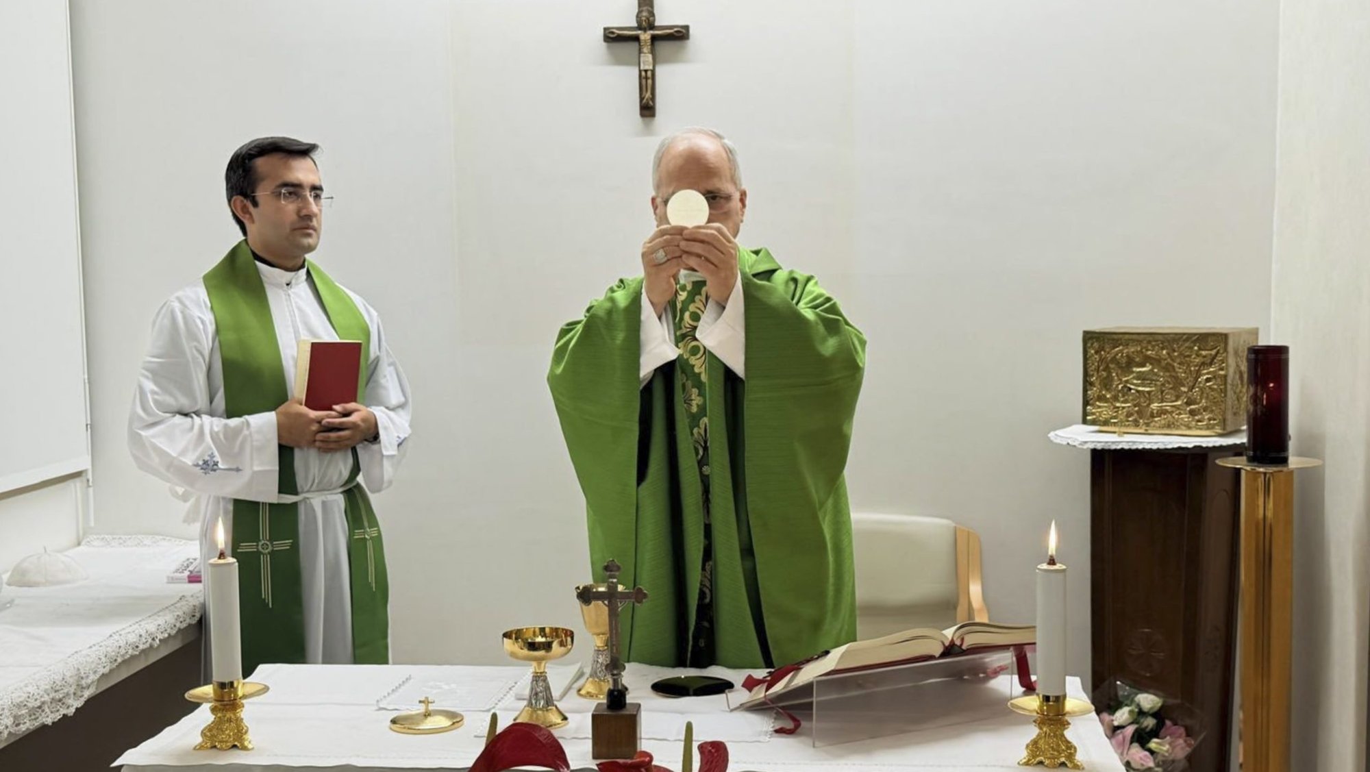 Pope Leo XIV celebrates Mass on the 10th floor at Rome's Gemelli Hospital Oct. 16, 2026, following his cancer surgery Oct. 13. In his homily, the pontiff thanked the staff, doctors, nurses and orderlies for their daily work caring for the sick and, in particular, for what they have done for him. (OSV News photo/Vatican Media)