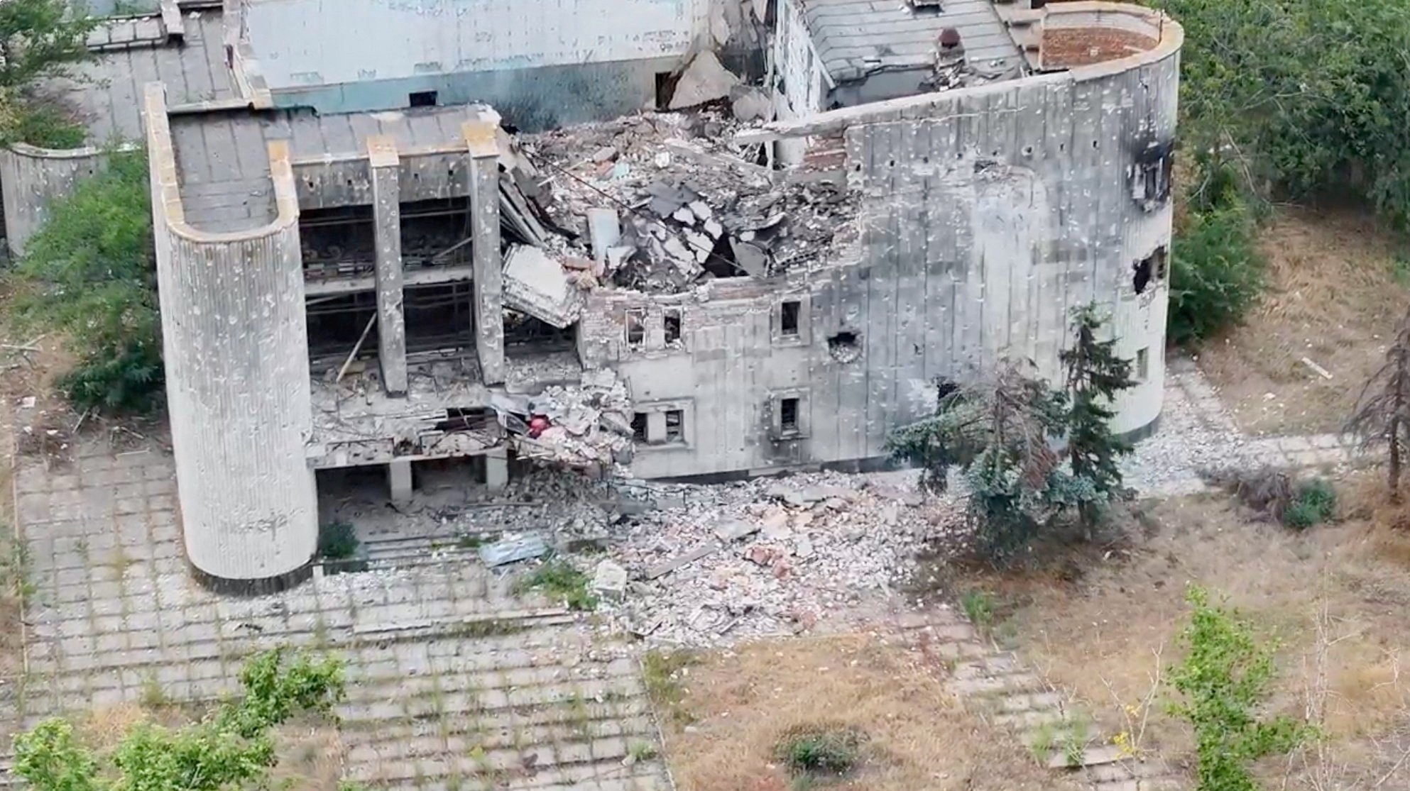 A still image taken from an undated drone video released Sept. 12, 2026, shows a destroyed building in Oleshky, the Kherson region of Russian-controlled Ukraine. (OSV News photo/34th Separate Marine Brigade "Borysfen" handout via Reuters)