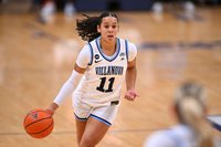Jasmine Bascoe of Villanova University's women's basketball team dribbles