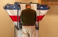 A person votes at a polling station