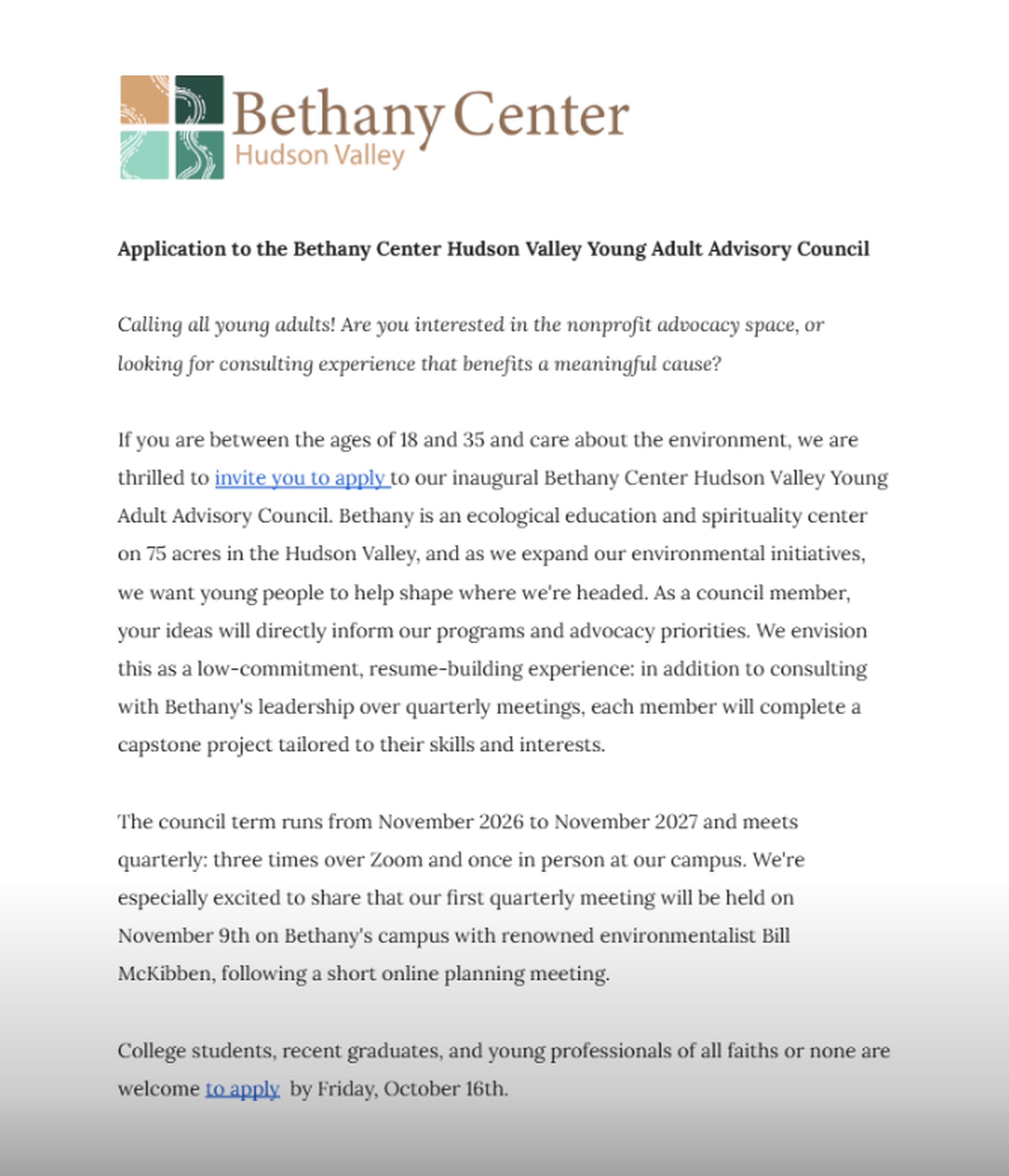 Application for Bethany Young Adult Advisory Council Deadline