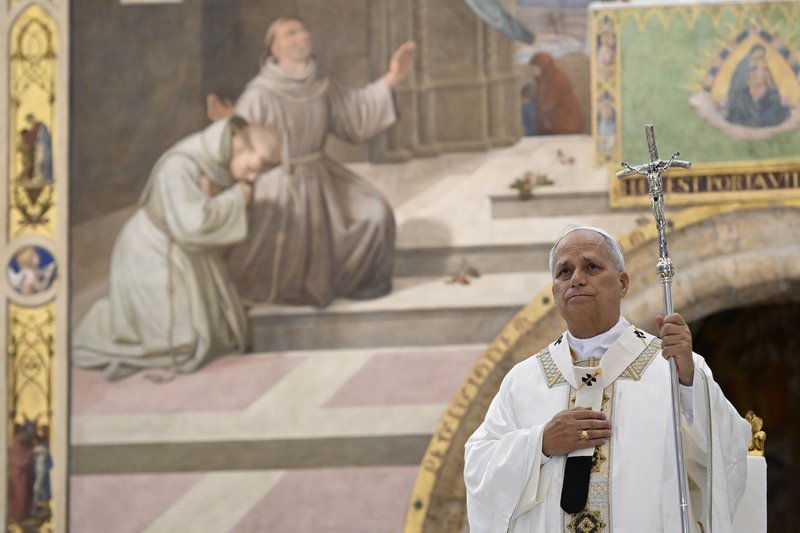 Pope Leo XIV presides over Mass at the Basilica of St. Mary of the Angels in Assisi, Italy.