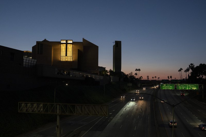 The Cathedral of Our Lady of the Angels as seen from the opposite side of the 101 freeway in downtown LA at dusk on April 1. (Sarah Yaklic)