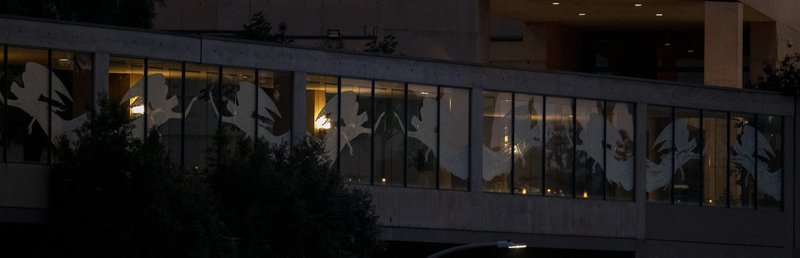 Candles lit in support of medical professionals and their families along the edge of the Cathedral plaza are seen from the opposite side of the 101 freeway in downtown LA. (Sarah Yaklic)