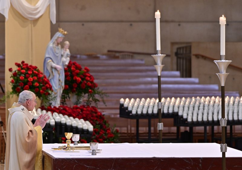 Archbishop José H. Gomez prays over the gifts during Mother's Day Mass at the Cathedral of Our Lady of the Angels on May 10, 2020. (Pool photo/John McCoy)