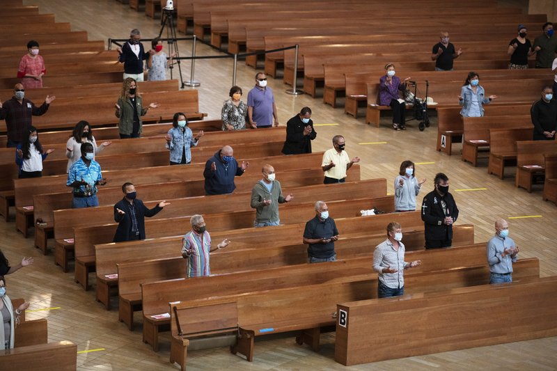 Archbishop José H. Gomez celebrated his first Mass with faithful present at the Cathedral of Our Lady of the Angels June 7. Public Masses throughout the Archdiocese of Los Angeles had been suspended since March 16 amid the COVID-19 pandemic. (Victor Alemán)