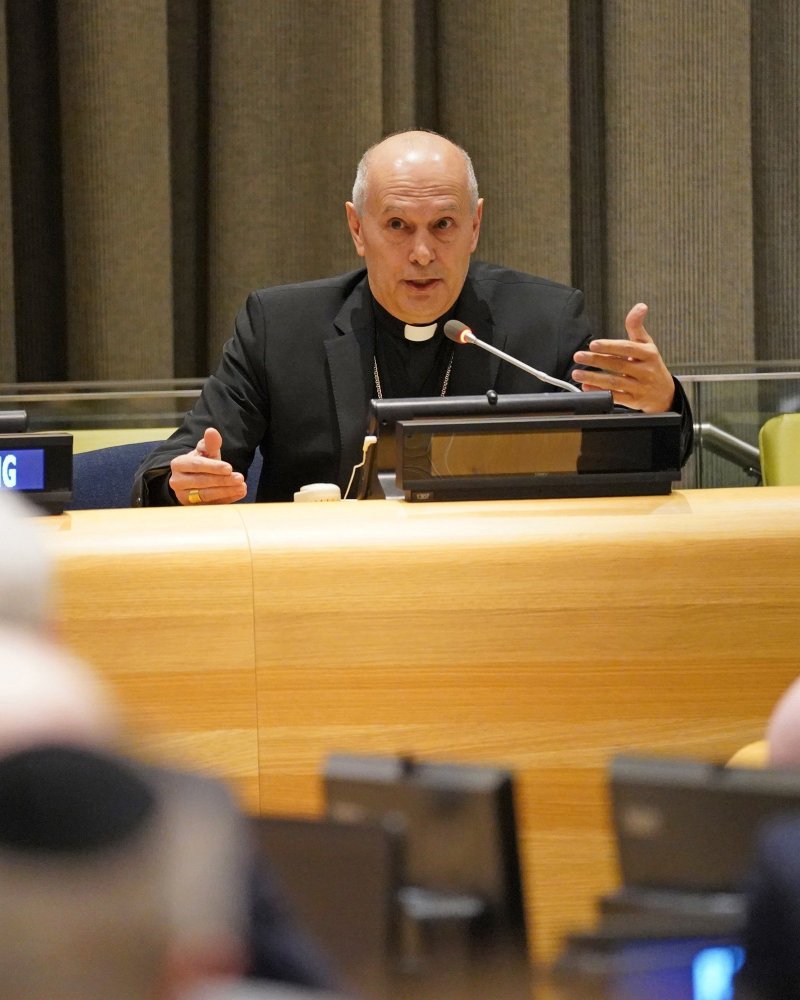 El arzobispo Gabriele Caccia, observador permanente del Vaticano ante las Naciones Unidas, habla en la ONU en la ciudad de Nueva York el 27 de enero de 2020 (Foto CNS/Gregory A. Shemitz)