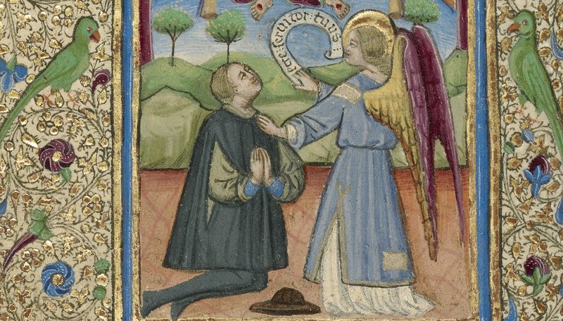 "Ángel de la guarda con hombre arrodillado", artista desconocido, 1460. (Museo J. Paul Getty)