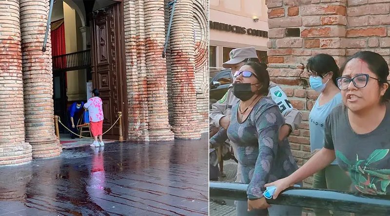 Catedral Basílica Menor de San Lorenzo Mártir dañada con pintura roja - Feministas del colectivo “Mujeres Creando”. (Foto: Graciela Arandia de Hidalgo - Arquidiócesis de Santa Cruz de la Sierra)