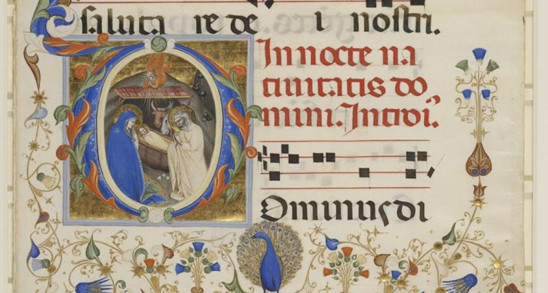 "La Natividad de Cristo en una D inicial", de Don Silvestro die Gherarducci, Victoria and Albert Museum, siglo XIV. (Foto Wikimedia Commons)