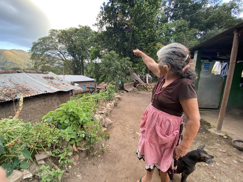 Feliz María Guardado de Los Calles, El Salvador, señala el lugar donde soldados arrastraron a su hermano a su muerte en 1982. Ella dijo que el 16 de enero de 2022 celebraría el aniversario de los Acuerdos de Paz de 1992, que terminaron con la guerra civil de 12 años de El Salvador. (CNS photo/Rhina Guidos)