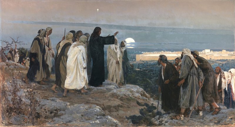 "Flevit super illam" ("Lloró sobre ella"), 1892, de Enrique Simonet. En el Evangelio de Lucas, cuando Jesús se acerca a Jerusalén, mira la ciudad y llora sobre ella, presagiando el sufrimiento que le espera a la ciudad. (Wikimedia Commons)