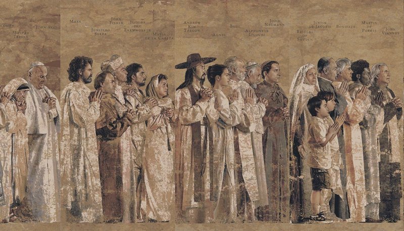 Un collage de una selección de santos representados en los Tapices del Norte de la Catedral de Nuestra Señora de los Ángeles. (ADLA)