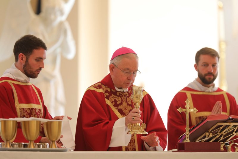 El arzobispo de Los Ángeles, José H. Gómez, presidente de la Conferencia Episcopal de Estados Unidos, concelebra una misa en la Basílica del Santuario Nacional de la Asunción de la Santísima Virgen María el 14 de noviembre de 2022, en el primer día de la asamblea general de otoño de la Conferencia Episcopal de Estados Unidos en Baltimore. (CNS /Bob Roller)