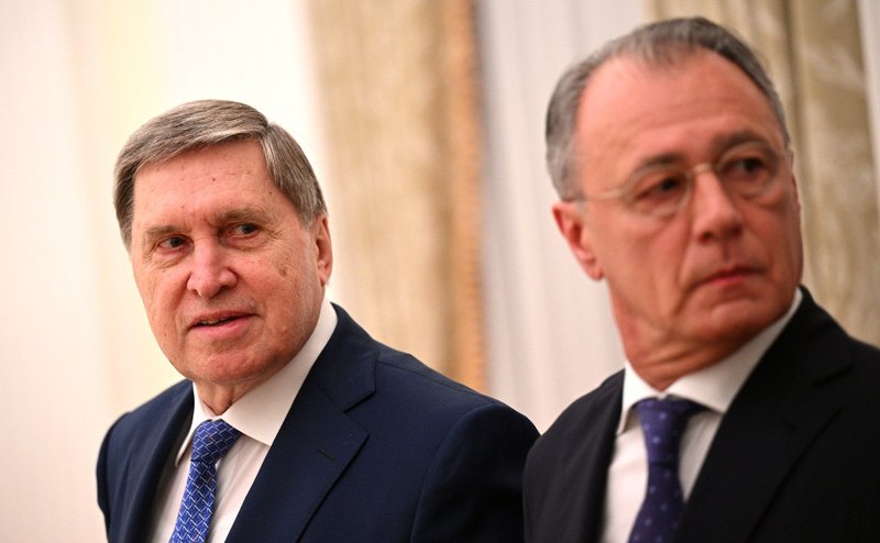 Yuri Ushakov, Kremlin foreign policy adviser, left, is pictured alongside Duško Perovi, head of the Republic of Srpska's representative office in Russia, right, during a meeting at the Kremlin in Moscow May 23, 2023. (CNS photo/Alexei Filippov, RIA Novosti/Kremlin)