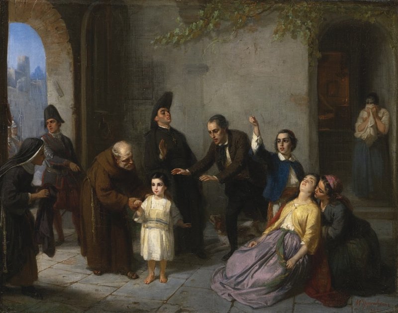 "El secuestro de Edgardo Mortara", de Moritz Daniel Oppenheim, 1800-1882, alemán. Esta representación se aleja significativamente del registro histórico de cómo fue secuestrado Mortara; por ejemplo, no había ningún clérigo presente. (Wikimedia Commons)