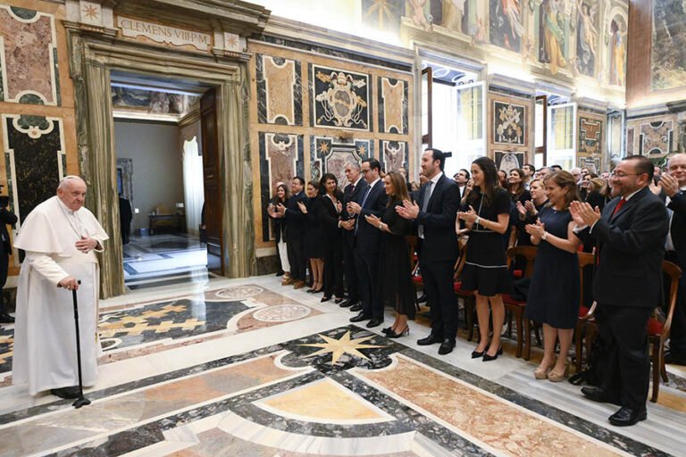 Pope Francis greets members of the Latin American Business Council during an audience at the Vatican June 1, 2023. (CNS photo/Vatican Media)