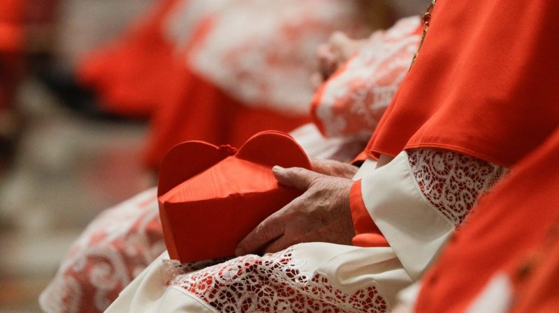 Un cardenal sostiene su birrete mientras el Papa Francisco celebra la misa con los nuevos cardenales en la Basílica de San Pedro en el Vaticano el 29 de noviembre de 2020. (OSV News photo/Gregorio Borgia, Reuters pool)