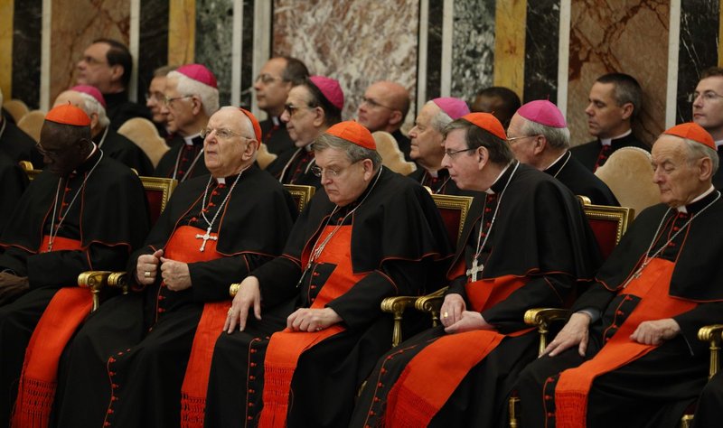 El cardenal Raymond L. Burke, en el centro, y el cardenal Robert Sarah, en el extremo izquierdo, son vistos mientras el papa Francisco pronuncia su discurso durante una audiencia para intercambiar felicitaciones navideñas con los miembros de la Curia Romana en la Sala Clementina del Vaticano el 22 de diciembre de 2014. (CNS /Paul Haring)
