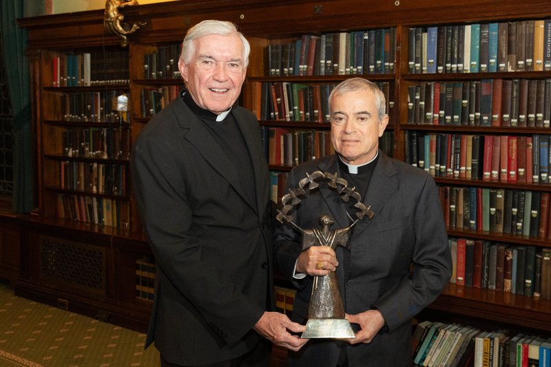 Father Jack Wall, president of Catholic Extension, poses with Archbishop Roberto Gonzalez Nieves of San Juan, Puerto Rico, in New York City Nov. 28, 2023, after the archbishop was presented with Catholic Extension's Spirit of Francis Award for "shepherding and advocating for Puerto Rico through the long, ongoing recovery following Hurricane Maria, other natural disasters, the pandemic and economic downturn." (OSV News photo/courtesy Catholic Extension)